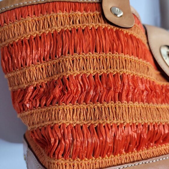 KATE SPADE orange sherbet leather trim raffia wood bottom shoulder bag purse - Picture 4 of 15